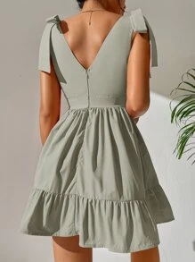 SHEIN PETITE Tie Shoulder Plunge Neck Ruffle Hem Dress - Mint Green - View 2