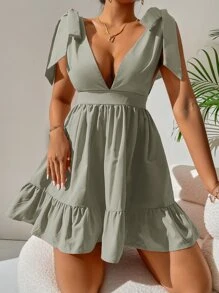 SHEIN PETITE Tie Shoulder Plunge Neck Ruffle Hem Dress - Mint Green - View 3