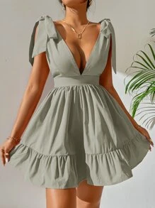 SHEIN PETITE Tie Shoulder Plunge Neck Ruffle Hem Dress - Mint Green - View 4