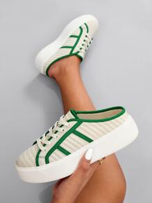 Eyelet Detail Contrast Binding Mule Sneakers - Green - View 2