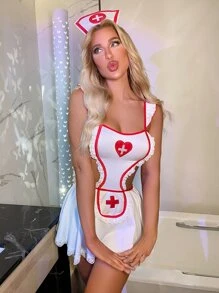 愛心刺繡蕾絲拼接護士裝洋装和頭巾