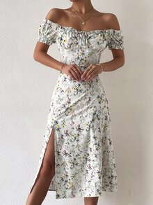 Đầm viền lá sen Tách cao Thắt nơ trước Nếp gấp Phần Ngực Hoa Tất cả trên in Boho - trắng - Xem 3
