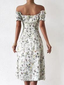 Đầm viền lá sen Tách cao Thắt nơ trước Nếp gấp Phần Ngực Hoa Tất cả trên in Boho - trắng - Xem 2