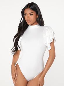 Modelyn Mock Neck Exaggerated Ruffle Trim Bodysuit - White - View 4