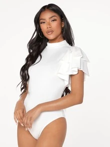 Modelyn Mock Neck Exaggerated Ruffle Trim Bodysuit - White - View 6