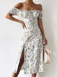 Đầm viền lá sen Tách cao Thắt nơ trước Nếp gấp Phần Ngực Hoa Tất cả trên in Boho - trắng - Xem 1