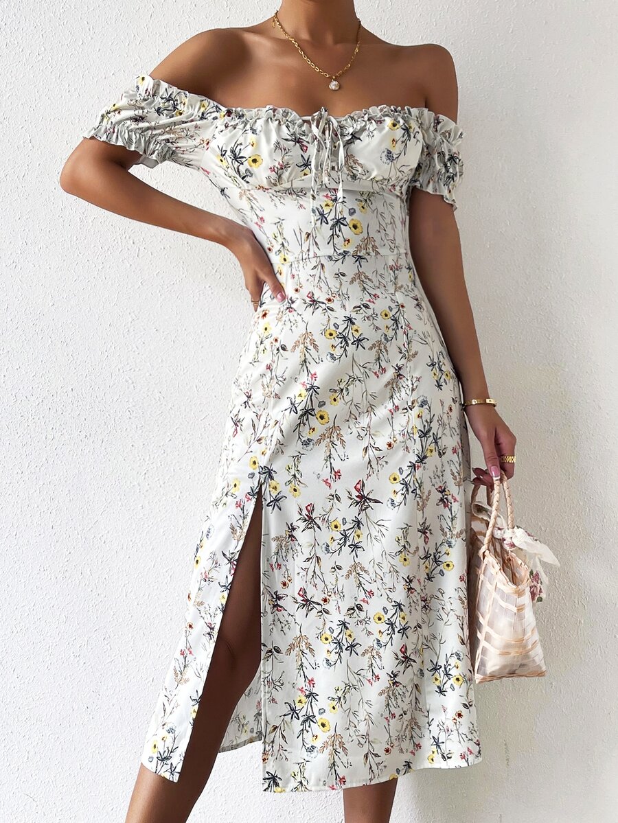 Đầm viền lá sen Tách cao Thắt nơ trước Nếp gấp Phần Ngực Hoa Tất cả trên in Boho - trắng - Xem 1