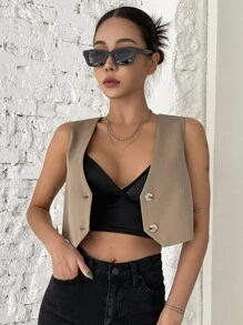 DAZY Blazer chaleco con botón delantero con abertura trasera corto - Caqui - Ver 1