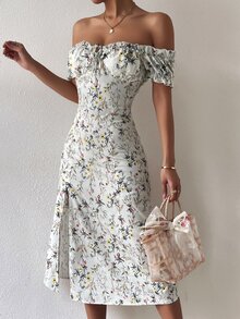 Đầm viền lá sen Tách cao Thắt nơ trước Nếp gấp Phần Ngực Hoa Tất cả trên in Boho - trắng - Xem 5