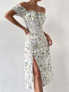 Đầm viền lá sen Tách cao Thắt nơ trước Nếp gấp Phần Ngực Hoa Tất cả trên in Boho - trắng - Xem 6