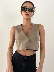 DAZY Blazer chaleco con botón delantero con abertura trasera corto - Caqui - Ver 5