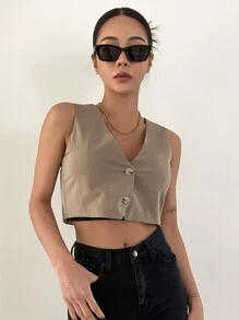 DAZY Blazer chaleco con botón delantero con abertura trasera corto - Caqui - Ver 6