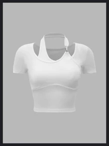 SHEIN ICON Ribbed Knit Crop Halter Tee - White - View 1