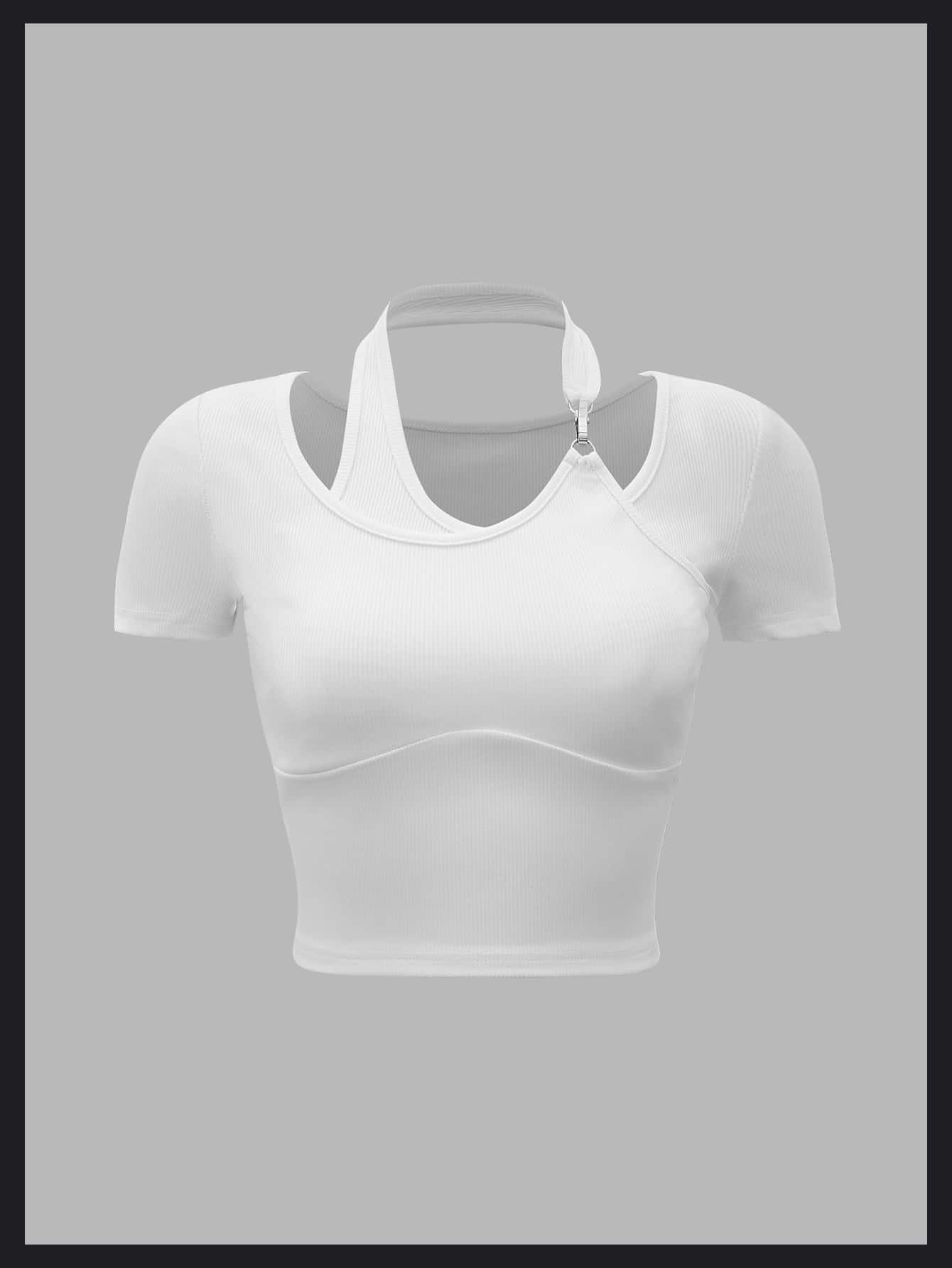 SHEIN ICON Ribbed Knit Crop Halter Tee - White - View 1