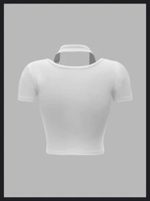 SHEIN ICON Ribbed Knit Crop Halter Tee - White - View 2