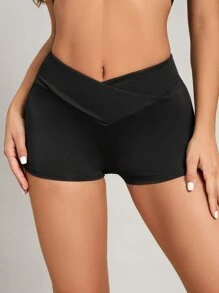Slayform Overlap Waist Sports ShortsWomen Sweat Short, Gym Short, Biker Short - Black - View 1