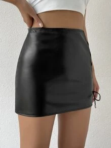 SHEIN SXY Cut Out Lace Up Side PU Bodycon Skirt - Black - View 7