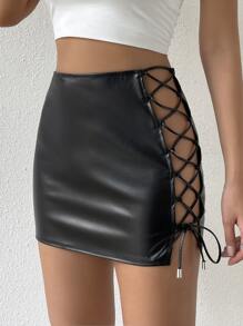 SHEIN SXY Cut Out Lace Up Side PU Bodycon Skirt - Black - View 1
