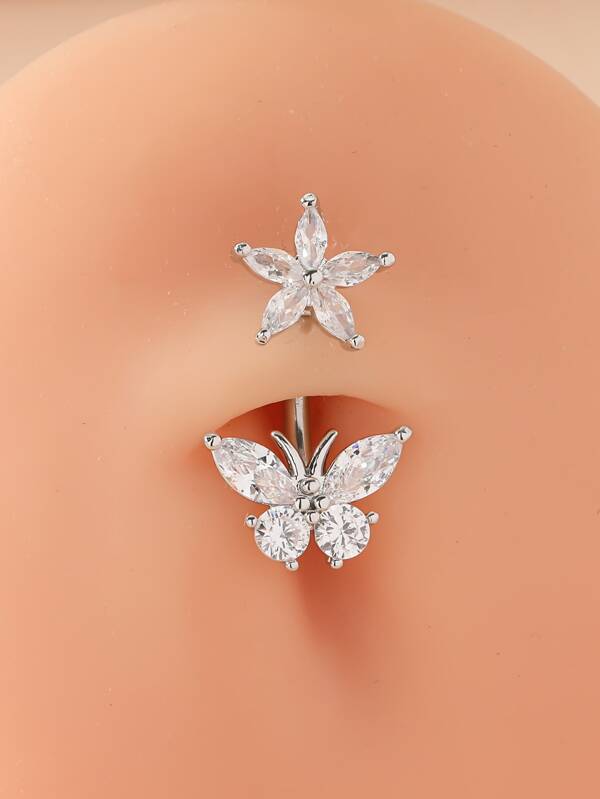 Cubic Zirconia Butterfly & Flower Decor Navel Belly Ring Stainless Steel Fashion Punk Perfect Piercing For Women Body Jewelry Gift Valentines