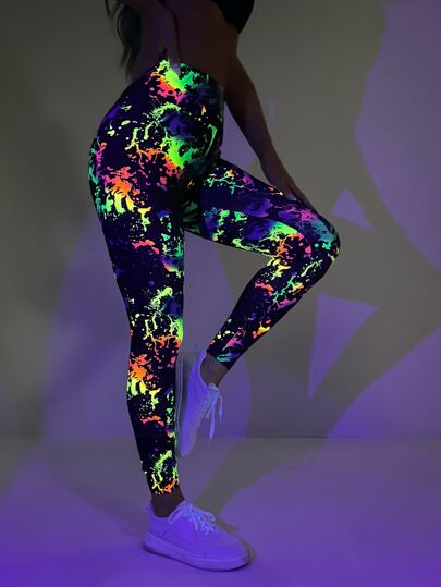 SHEIN ICON 反光飛濺墨水印花高腰圖形連褲襪