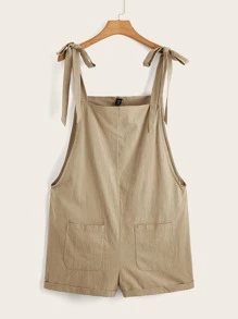 SHEIN EZwear 大碼肩部打結補丁口袋連身短褲 - 卡其色 - 查看 1
