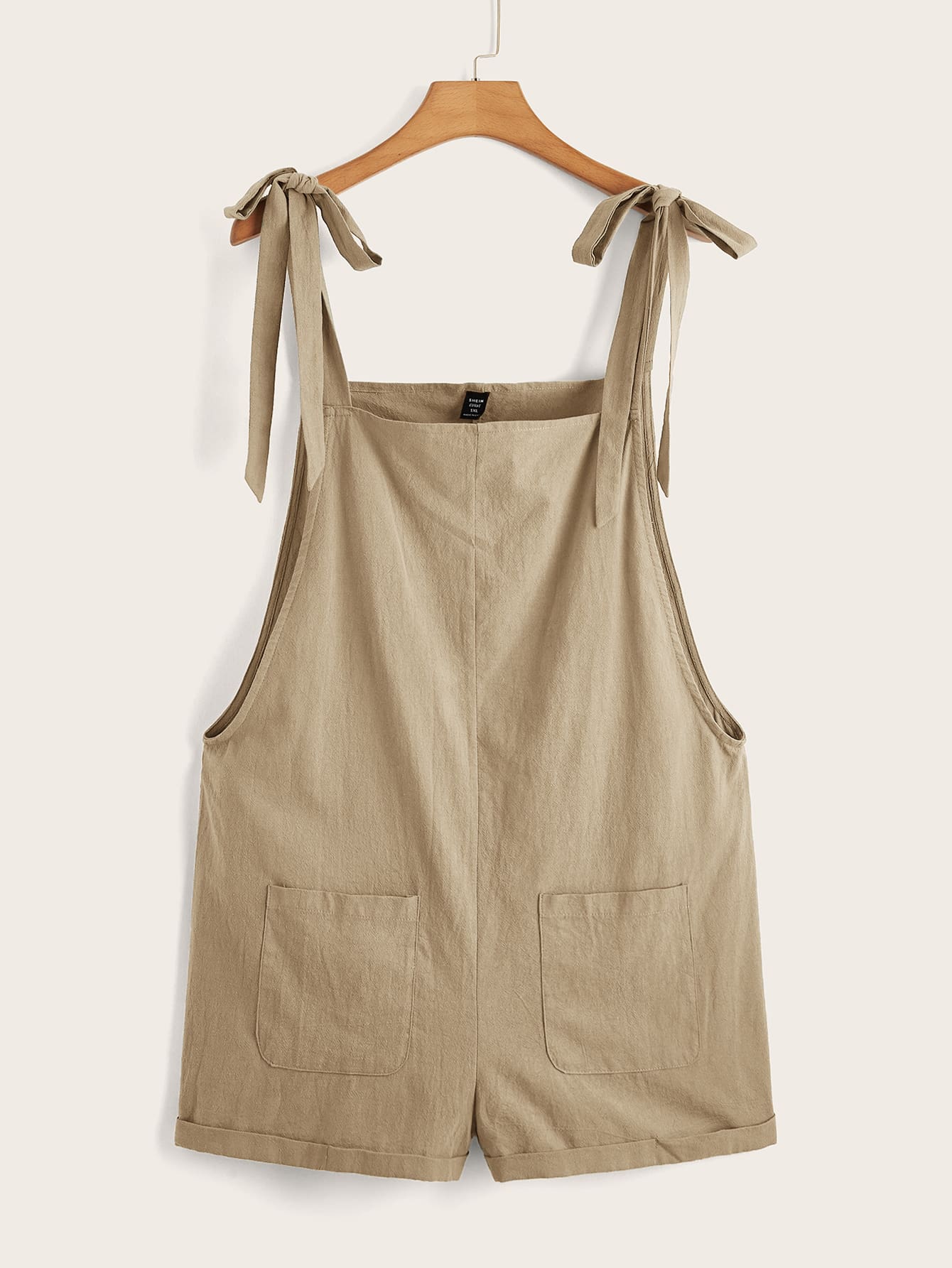 SHEIN EZwear 大碼肩部打結補丁口袋連身短褲 - 卡其色 - 查看 1