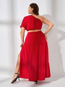 SHEIN VCAY Plus One Shoulder Crop Top & Split Thigh Skirt Set - Red - View 3