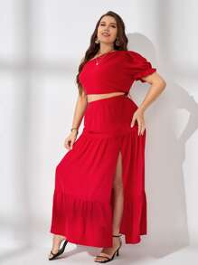 SHEIN VCAY Plus One Shoulder Crop Top & Split Thigh Skirt Set - Red - View 4