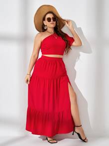 SHEIN VCAY Plus One Shoulder Crop Top & Split Thigh Skirt Set - Red - View 5