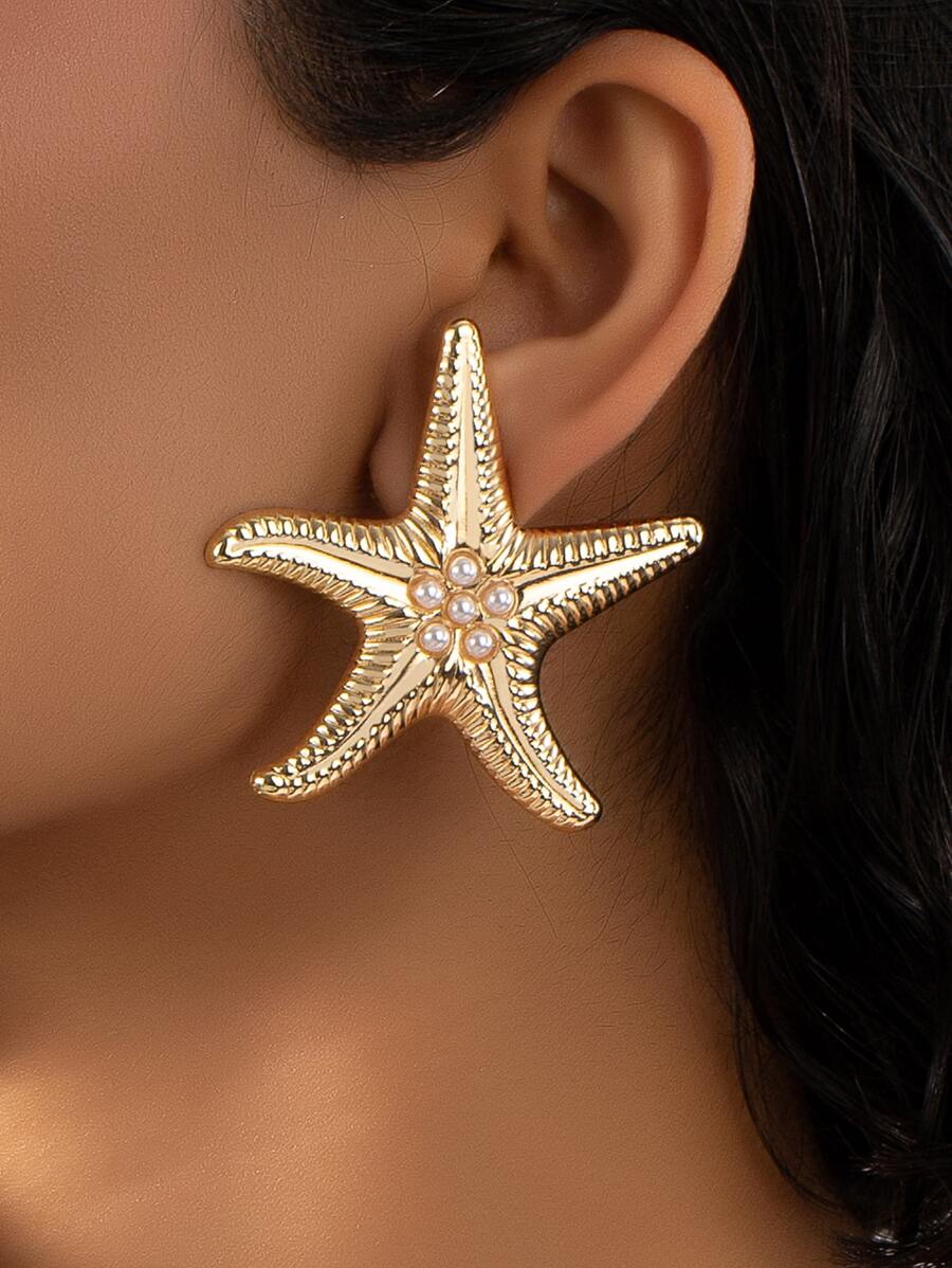 Faux Pearl Decor Starfish Design Stud Earrings - Vàng - Xem 1
