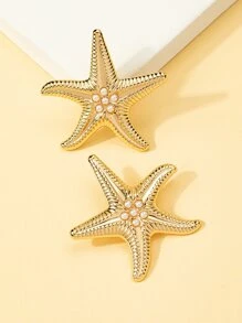 Faux Pearl Decor Starfish Design Stud Earrings - Vàng - Xem 2