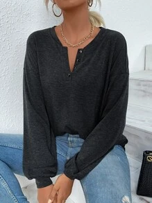 SHEIN LUNE Half Button Drop Shoulder Tee - Dark Grey - View 1