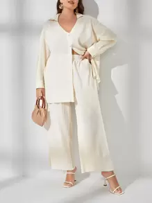 SHEIN LUNE Plus Drop Shoulder Button Front Shirt & Wide Leg Pants - Beige - View 1