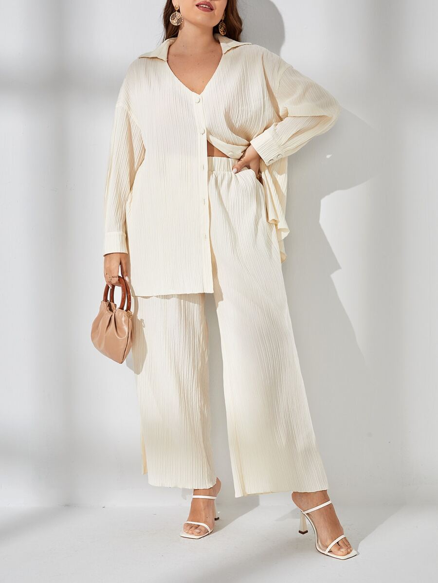 SHEIN LUNE Plus Drop Shoulder Button Front Shirt & Wide Leg Pants - Beige - View 1