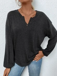 SHEIN LUNE Half Button Drop Shoulder Tee - Dark Grey - View 3