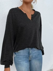 SHEIN LUNE Half Button Drop Shoulder Tee - Dark Grey - View 4