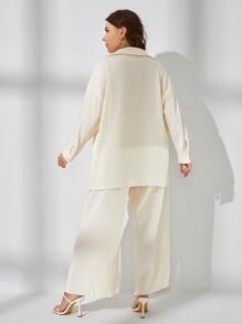SHEIN LUNE Plus Drop Shoulder Button Front Shirt & Wide Leg Pants - Beige - View 2