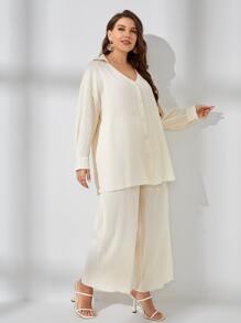SHEIN LUNE Plus Drop Shoulder Button Front Shirt & Wide Leg Pants - Beige - View 3