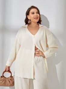 SHEIN LUNE Plus Drop Shoulder Button Front Shirt & Wide Leg Pants - Beige - View 4