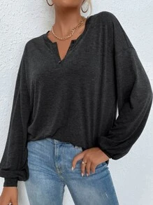 SHEIN LUNE Half Button Drop Shoulder Tee - Dark Grey - View 6
