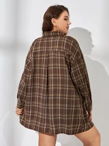Calvaya Plus Plaid Print Drop Shoulder Shirt - Brown - View 2