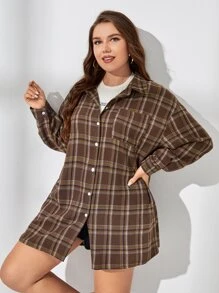 Calvaya Plus Plaid Print Drop Shoulder Shirt - Brown - View 3