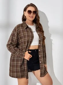 Calvaya Plus Plaid Print Drop Shoulder Shirt - Brown - View 5
