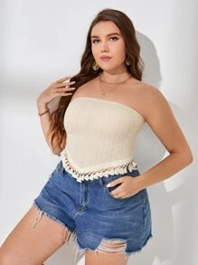 Dreamara Plus Size Boho Fringe Hem Tube Top, For Summer - Beige - View 3