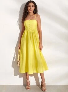 SHEIN Privé 素色前紐扣吊帶連衣裙 - 黃色 - 查看 1