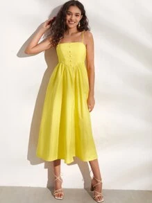 SHEIN Privé 素色前紐扣吊帶連衣裙 - 黃色 - 查看 3