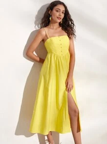 SHEIN Privé 素色前紐扣吊帶連衣裙 - 黃色 - 查看 4