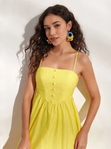 SHEIN Privé 素色前紐扣吊帶連衣裙 - 黃色 - 查看 6