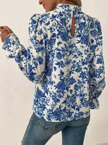 SHEIN Clasi Floral Print Flounce Sleeve Blouse,Ladies Casual Frill Long Sleeve Stand Collar Regular Fit Regular Blue And White Flounce Sleeve Top Women Blouses,Spring/Fall ,Casual Daily Wear - Blue and White - View 2