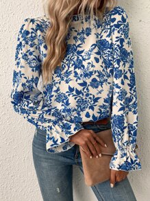 SHEIN Clasi Floral Print Flounce Sleeve Blouse,Ladies Casual Frill Long Sleeve Stand Collar Regular Fit Regular Blue And White Flounce Sleeve Top Women Blouses,Spring/Fall ,Casual Daily Wear - Blue and White - View 4